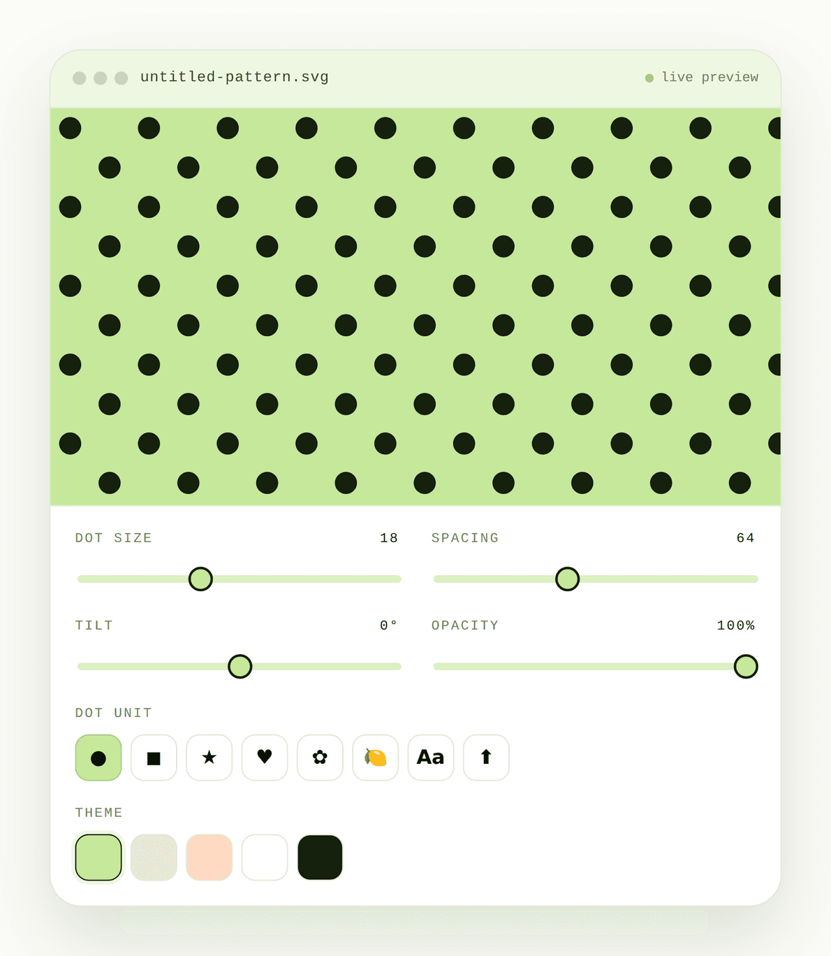 Polka dot generator hero showing a live pattern preview and controls