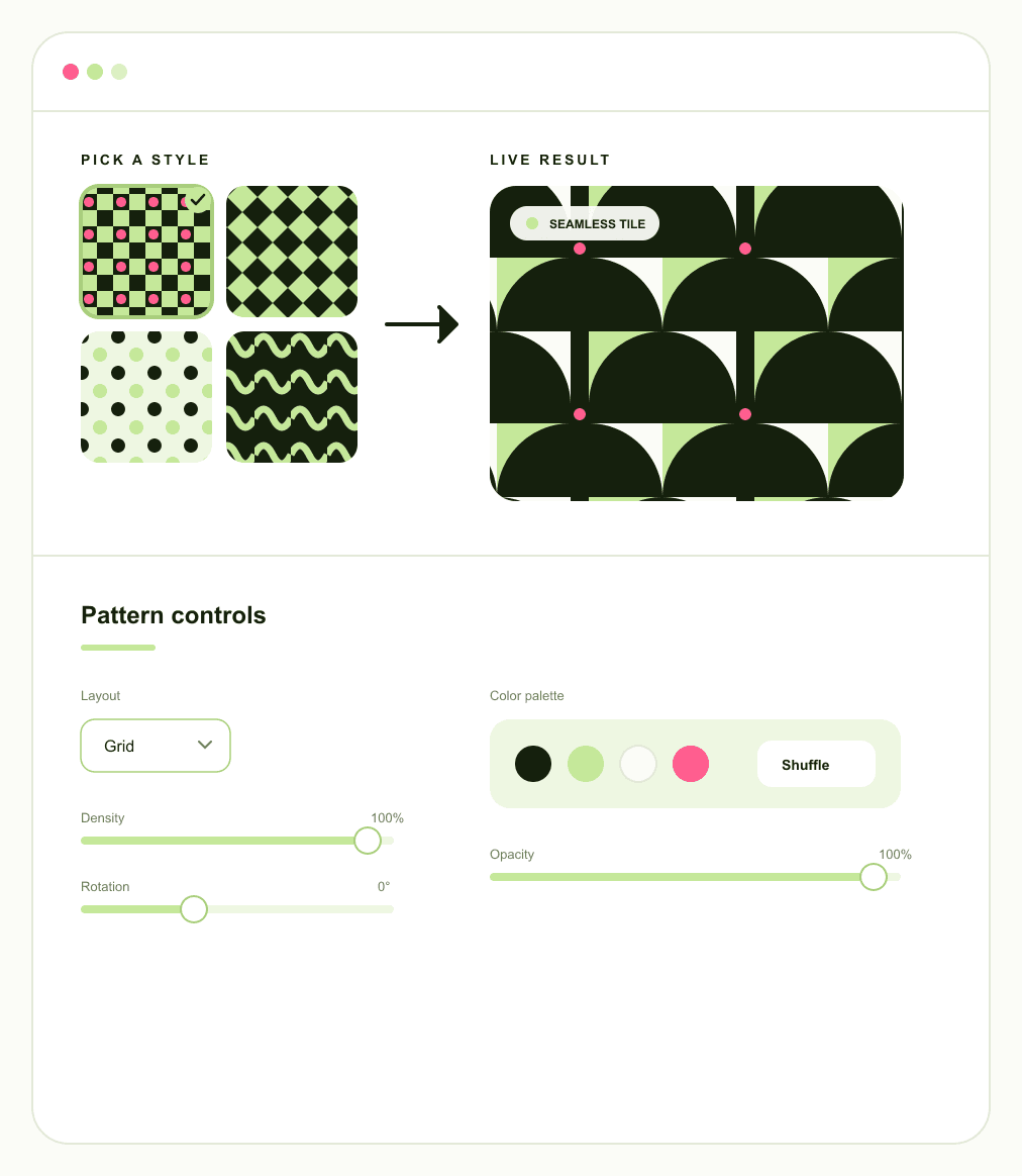 Geometric pattern generator hero showing a randomized shape grid and controls
