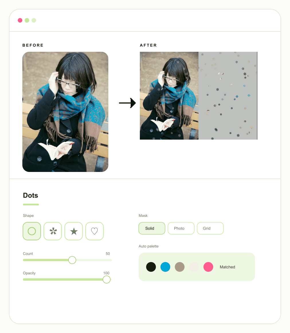 Photo overlay editor hero showing a photo with color-matched overlays
